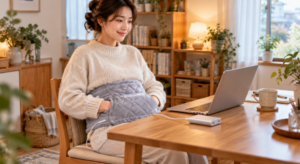 モバイルバッテリーにつないだUSB給電式ヒータークッションを腰に巻き、デスクワーク中に手を温める女性