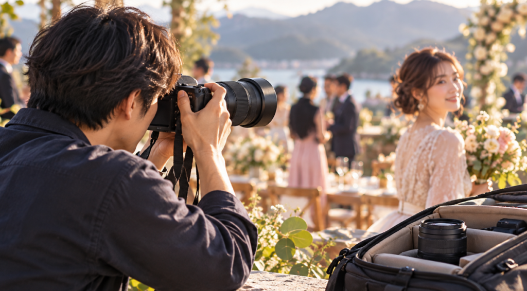 屋外イベントで望遠ズームレンズを使って女性を撮影する日本人カメラマンと交換用レンズ