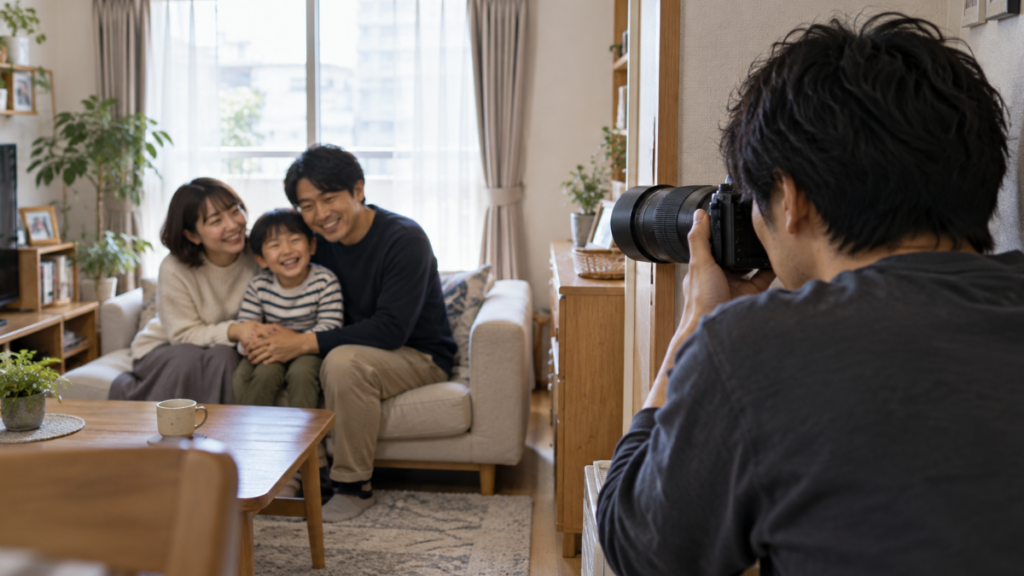 望遠ズームレンズを付けたカメラで、室内の日本人家族を撮影する様子
