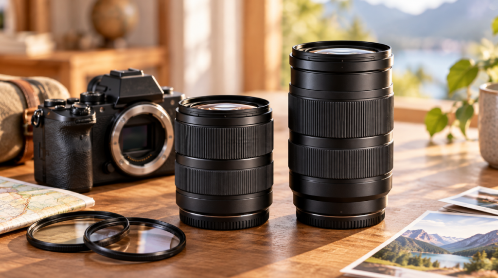 Sigma 50-120mm F2.8と18-50mm F2.8のサイズ比較をイメージした2本のズームレンズとカメラ用フィルター