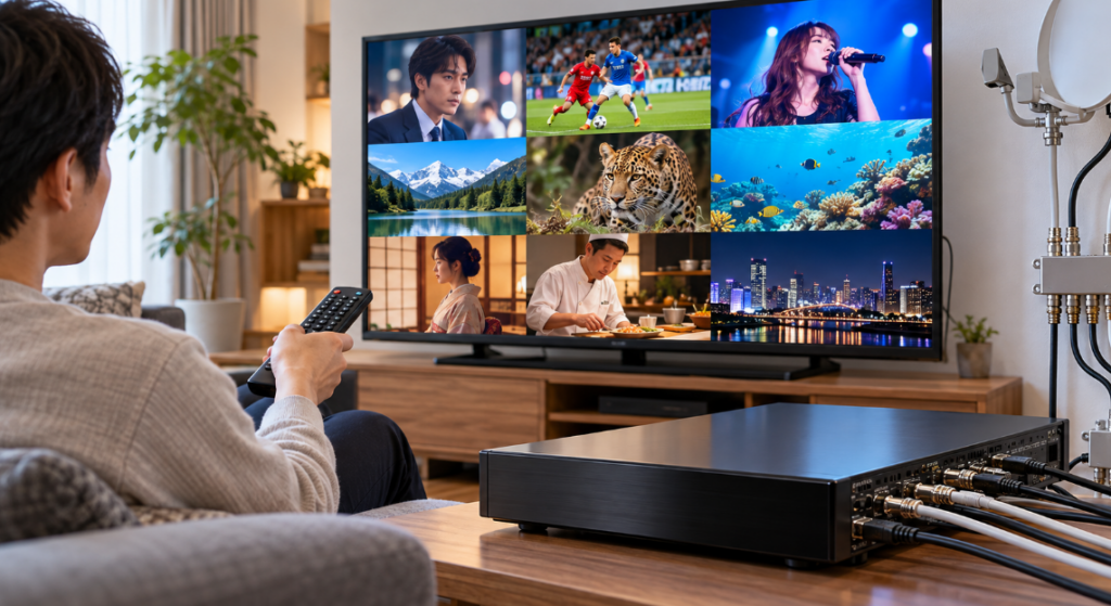 BS/CS放送の録画をイメージした、複数の配線がつながるレコーダーとテレビを操作する男性