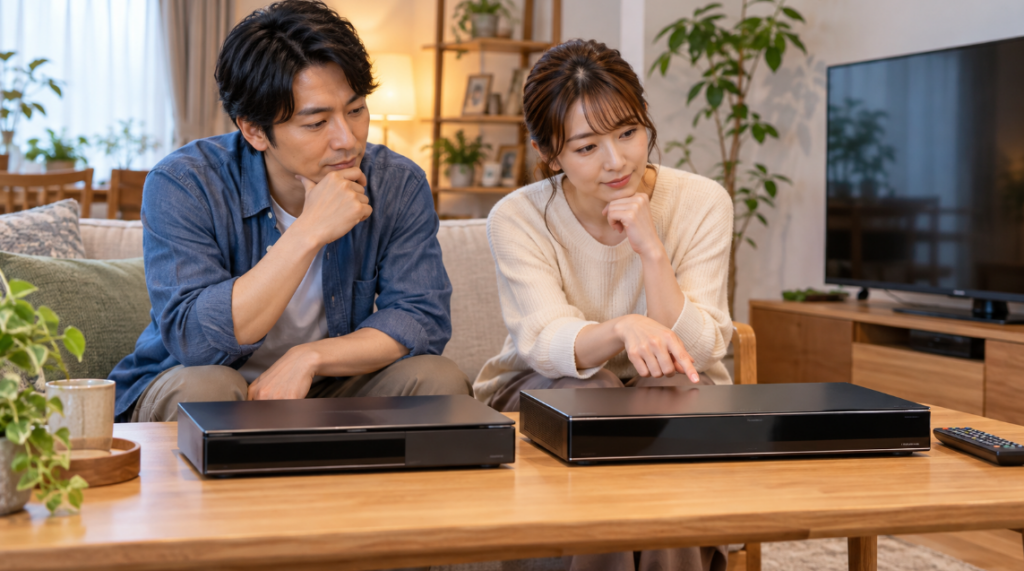2台のブルーレイレコーダーを並べ、機能や使い勝手を比較しながら購入を検討する日本人男女