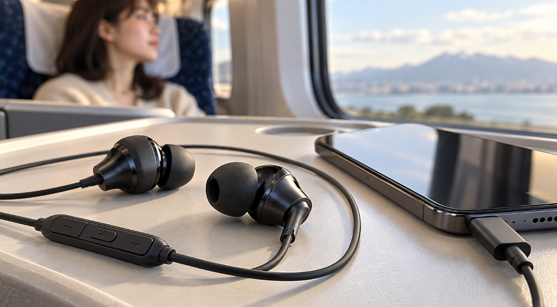 列車内のテーブルに置かれたUSB-C接続の有線ノイズキャンセリングイヤホンとスマートフォン