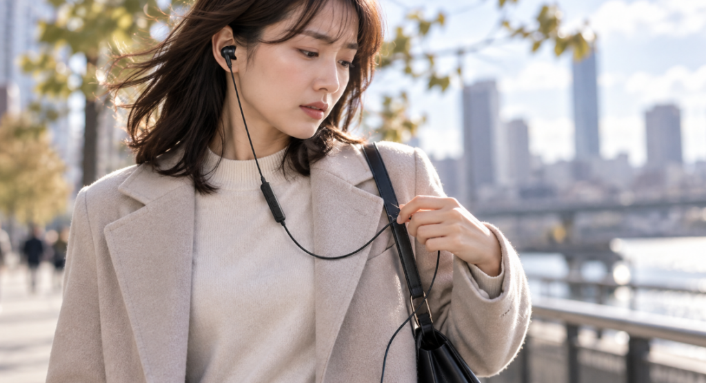 屋外で有線イヤホンのケーブルがバッグのストラップに触れ、位置を直す女性