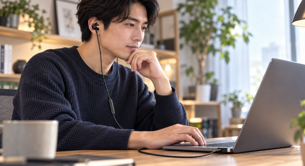 自宅でUSB-C有線イヤホンをノートパソコンに接続して作業する男性