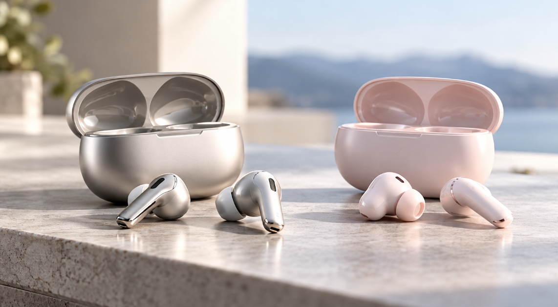 FreeBuds NeoとFreeBuds 7iの比較をイメージした、シルバーとピンクのワイヤレスイヤホンと充電ケース