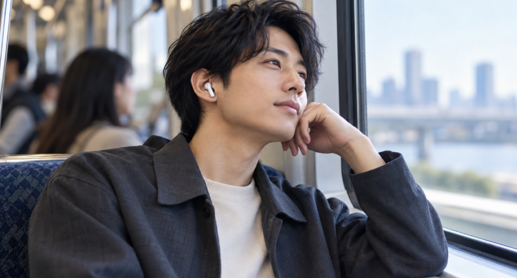 電車内でワイヤレスイヤホンを装着する男性と、ノイズキャンセリングの使用イメージ