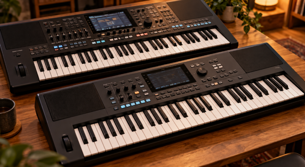 PSR-SX620とPSR-SX600の仕様や操作パネルの違いをイメージした2台の電子キーボード