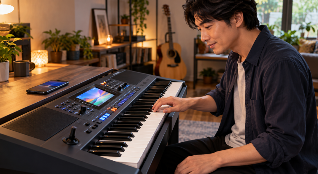 PSR-SX620のBluetoothオーディオ機能をイメージし、スマホを横に置いて電子キーボードを演奏する男性
