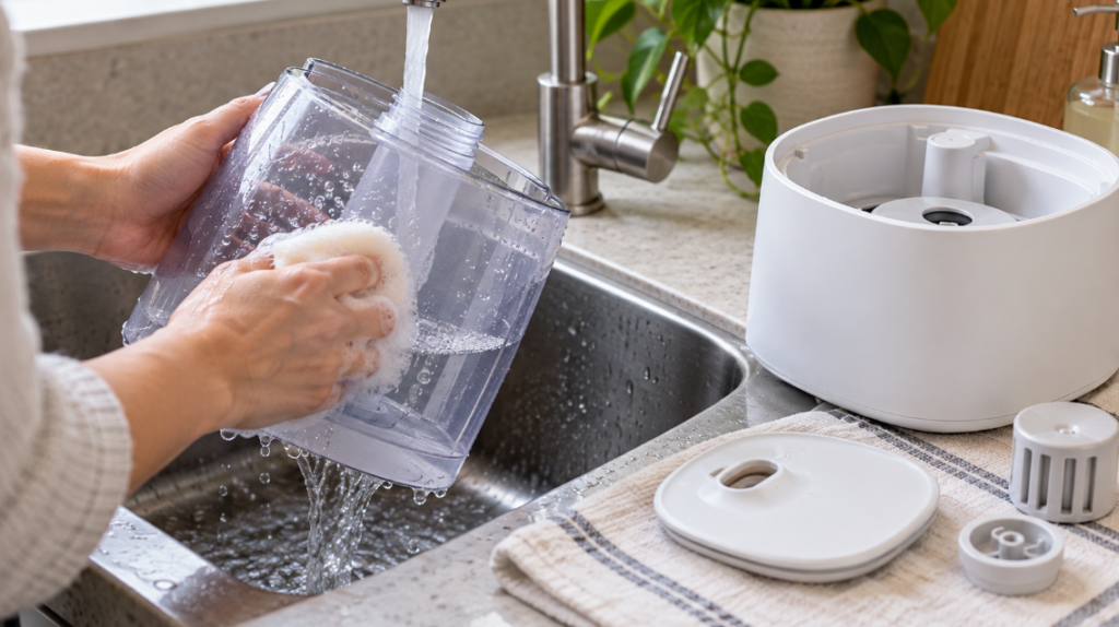 シンクで加湿器の水タンクを洗い、取り外した部品を並べてお手入れしている様子