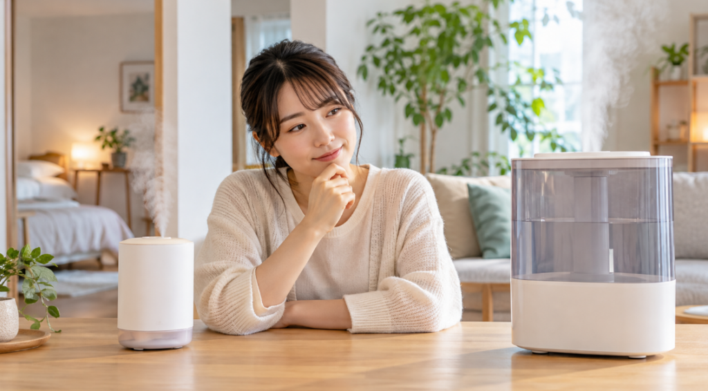 日本人女性が小型と大型の加湿器を見比べ、部屋に合う加湿器を検討している様子